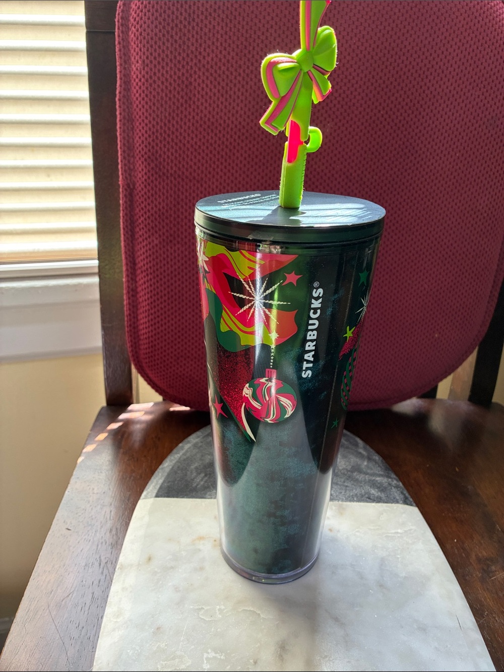 Starbucks Green and Red Holiday Tumbler with Neon Green Bow Straw